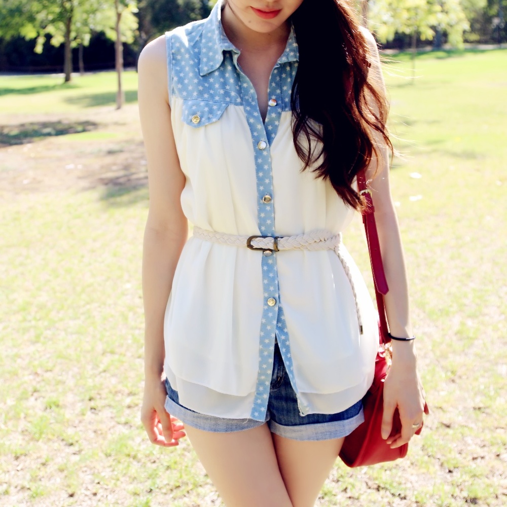 Denim Chiffon Sleeveless Button Down